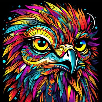 Abstract portrait of a fairy tale mystical animal in psychedelic pop art style Isolated on a black background. Template for t-shirt print, sticker, poster, etc.