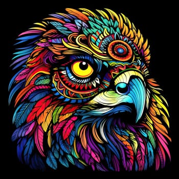 Abstract portrait of a fairy tale mystical animal in psychedelic pop art style Isolated on a black background. Template for t-shirt print, sticker, poster, etc.