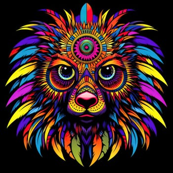 Abstract portrait of a fairy tale mystical animal in psychedelic pop art style Isolated on a black background. Template for t-shirt print, sticker, poster, etc.