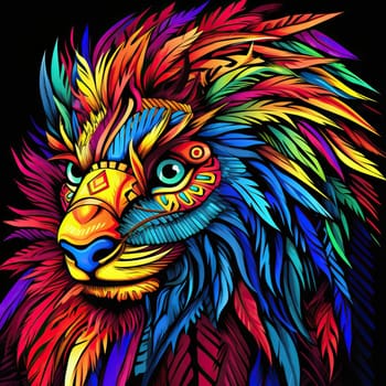 Abstract portrait of a fairy tale mystical animal in psychedelic pop art style Isolated on a black background. Template for t-shirt print, sticker, poster, etc.