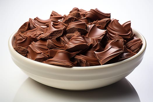 Chopped chocolate in a bowl on a white background, banner with chocolate.