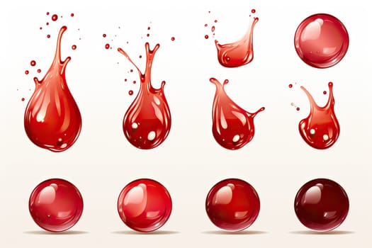 set of red drops and splashes of ketchup or sauce isolated on white background with copy space.