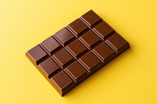Milk chocolate bar on yellow background, top view of chocolate, yellow banner with chocolate.