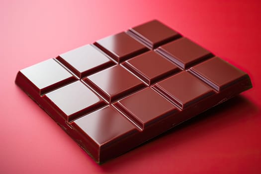 Milk chocolate bar divided into cubes on a red background.