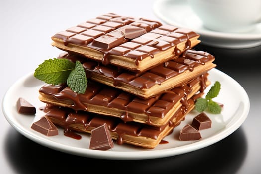 Waffles covered with chocolate glaze on a white plate close up, dessert in a cafe.