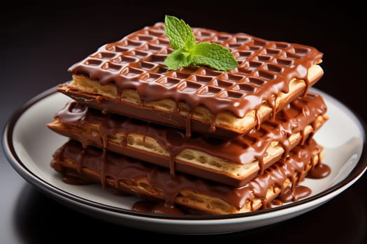 Waffles covered with chocolate glaze on a white plate close up, dessert in a cafe.