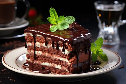 A plate with a piece of delicious homemade chocolate cake with a mint leaf on the table.