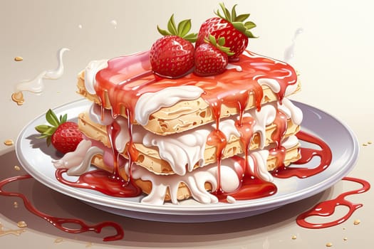 Waffles covered in white chocolate and strawberry jam with fresh strawberries on a white plate.