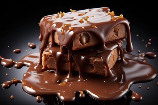 Semi-melted chocolate splashes on black background, melted chocolate close-up.