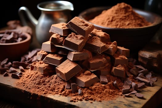 Pieces of dark chocolate sprinkled with cocoa powder, a natural antioxidant.