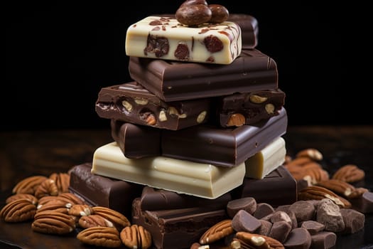 Various pieces of chocolate on a plate with nuts on a black background.