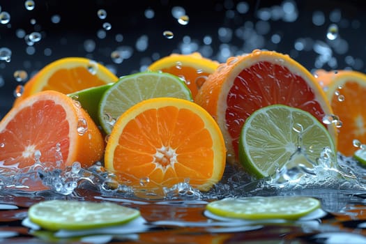 a bunch of citrus fruits are splashing in the water . High quality