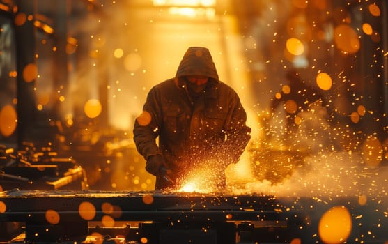 In the darkness of the factory at night, a man creates art with fire and gas as he welds a piece of metal, resembling a scene from an action film