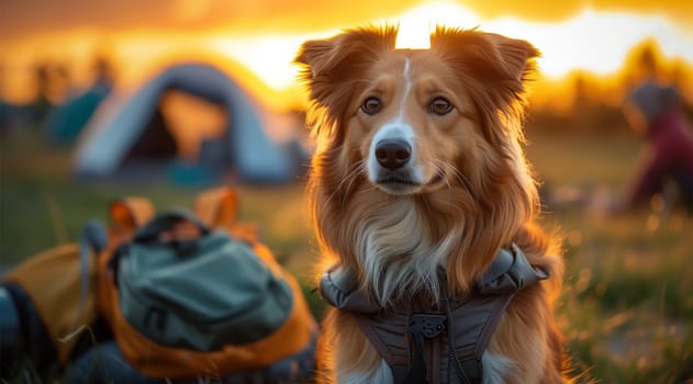 A liver and white Pointer dog, belonging to the Sporting Group, is joyfully sitting in front of a tent on the grass at sunset, happy after a day of travel as a companion and working animal