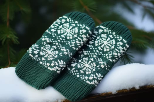 Christmas green knitted mittens with snowflake motives on a snow