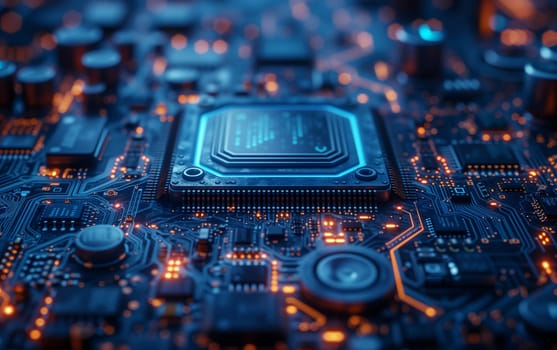 A close up of a blue computer chip, a circuit component on a motherboard. It showcases electronic engineering and technology in computer hardware