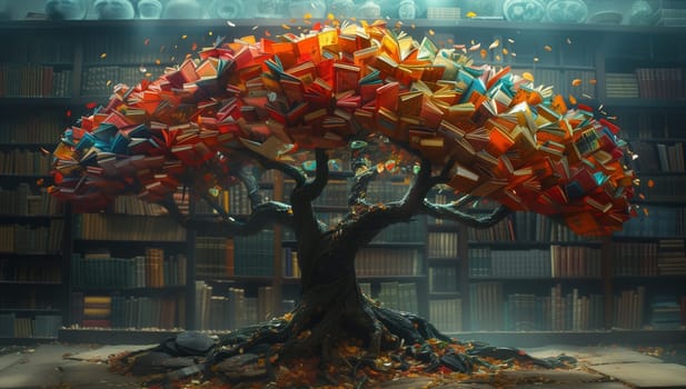 A plant made of books is sprouting in the library building, adding a unique touch to the facade. This creative event transforms the city landscape with a literary twist