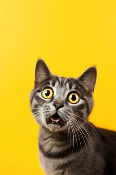 Cute, surprised cat with large, captivating eyes on yellow background. Ideal for promotions, great deals or offers. Good price, Black Friday, discount. Copy space for text. Amazed pet. Generative AI