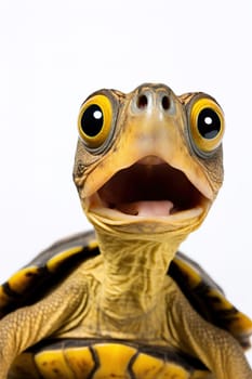 Cute, surprised turtle with large eyes on white background. Ideal for promotions, great deals or offers. Good price, Black Friday, discount. Copy space for text. Amazed animal. Generative AI