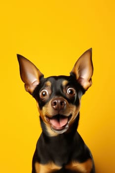 Cute, surprised dog with large, captivating eyes on yellow background. Ideal for promotions, great deals or offers. Good price, Black Friday, discount. Copy space for text. Amazed pet. Generative AI