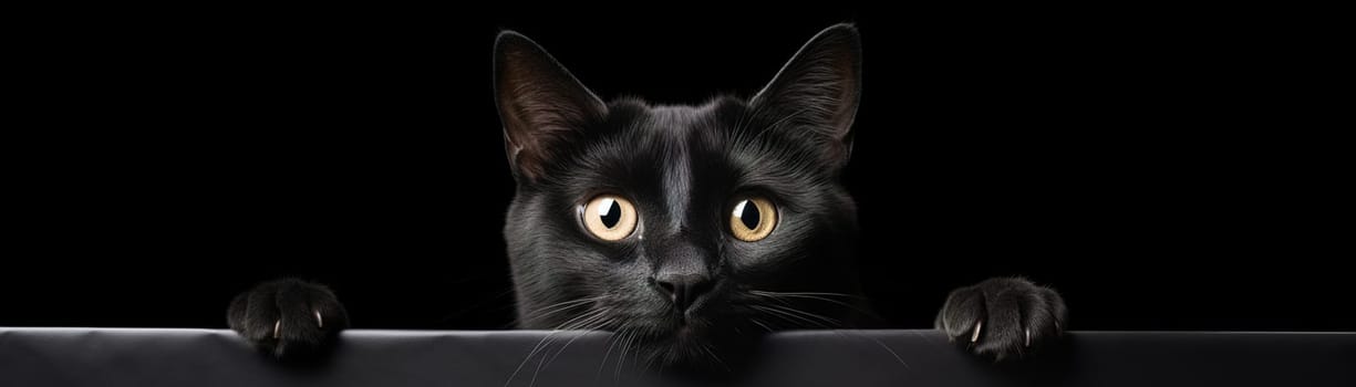 Mysterious black cat peeking over the edge with striking golden eyes on sleek black background, ideal for themes of curiosity, Halloween promotions, pet-related content. Space for text. Generative AI