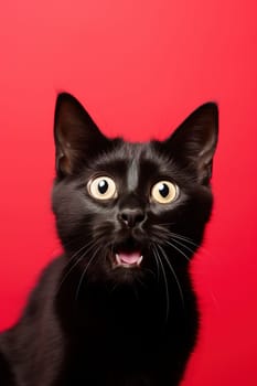 Black surprised cat with large, captivating eyes on red background. Ideal for promotions, great deals or offers. Good price, Black Friday, discount. Copy space for text. Amazed pet. Generative AI