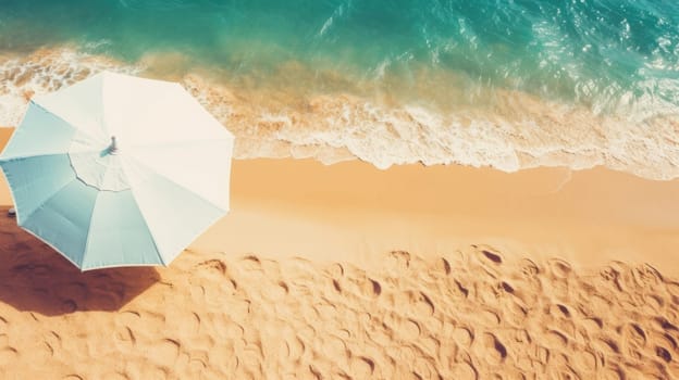 The concept of summer vacation. Top view on an umbrella on the sandy beach AI