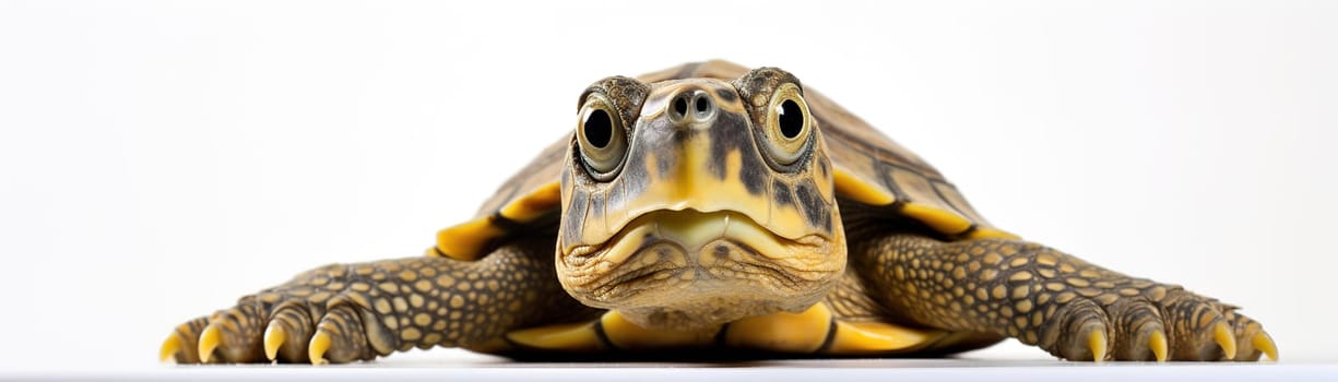 A curious turtle peers forward with wide eyes, perfect for educational content, pet care, and wildlife awareness. Panoramic banner. Generative AI