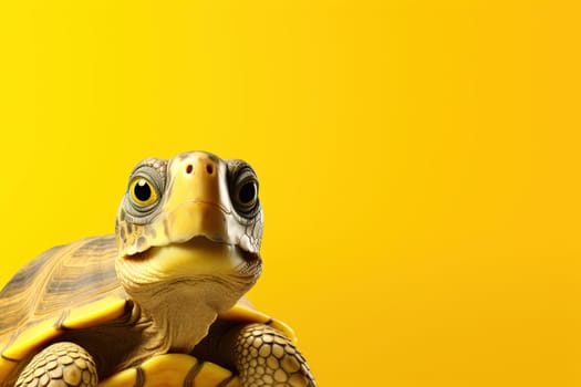 Cute turtle portrait with a vivid yellow background, perfect for wildlife conservation messages, educational content, or pet-related advertising. Copy space for text. Generative AI