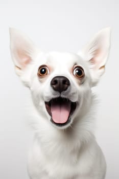 Cute, surprised dog with large, captivating eyes on white background. Ideal for promotions, great deals or offers. Good price, Black Friday, discount. Copy space for text. Amazed pet. Generative AI