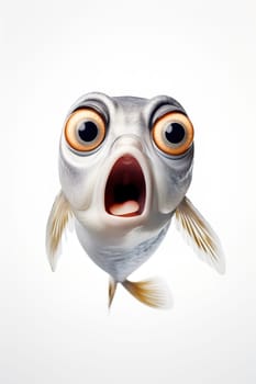 Cute, surprised fish with large eyes on white background. Ideal for promotions, great deals or offers. Good price, Black Friday, discount. Copy space for text. Amazed animal. Generative AI