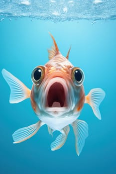 Cute, surprised fish with large eyes on blue background. Ideal for promotions, great deals or offers. Good price, Black Friday, discount. Amazed animal. Vertical picture. Generative AI
