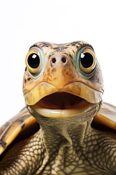 Cute, surprised turtle with large eyes on white background. Ideal for promotions, great deals or offers. Good price, Black Friday, discount. Copy space for text. Amazed animal. Generative AI