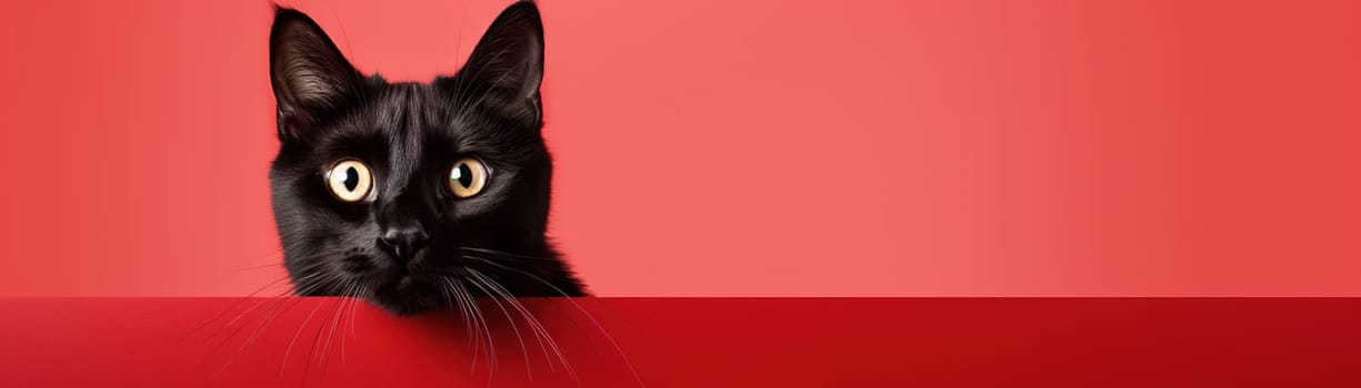 Captivating black cat with an astonished expression against bold red background, perfect for eye-catching advertisements, special promotions, or creative projects. Copy space for text. Generative AI