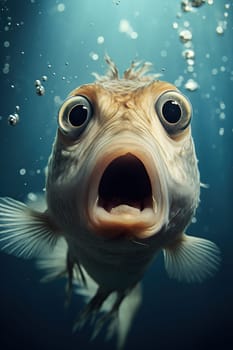 Cute, surprised fish with large eyes on blue background. Ideal for promotions, great deals or offers. Good price, Black Friday, discount. Amazed animal. Vertical picture. Generative AI