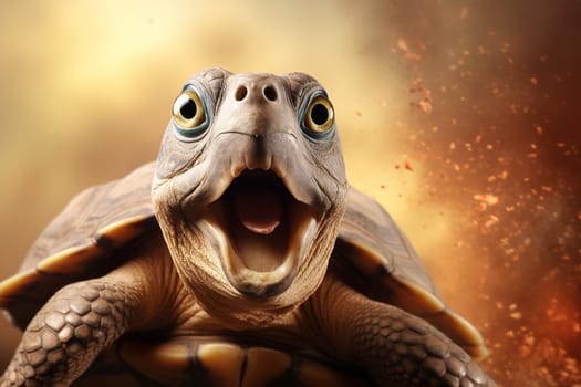 Astonished turtle against a warm brown backdrop, ideal for themes on surprise, nature's wonders, or humorous content. Generative AI