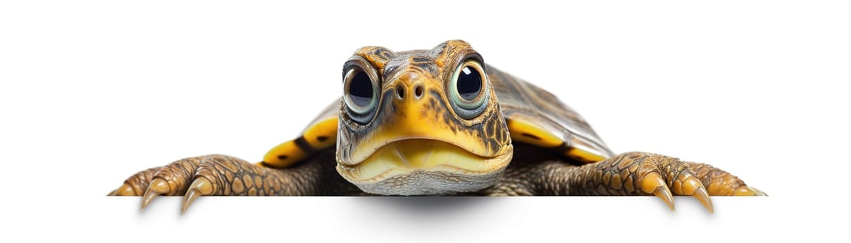 A curious turtle peers forward with wide eyes, perfect for educational content, pet care, and wildlife awareness. Panoramic banner. Generative AI