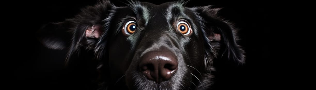 Cute, surprised dog with large, captivating eyes on black background. Ideal for promotions, great deals or offers. Good price, Black Friday, discount. Amazed pet. Panoramic banner. Generative AI