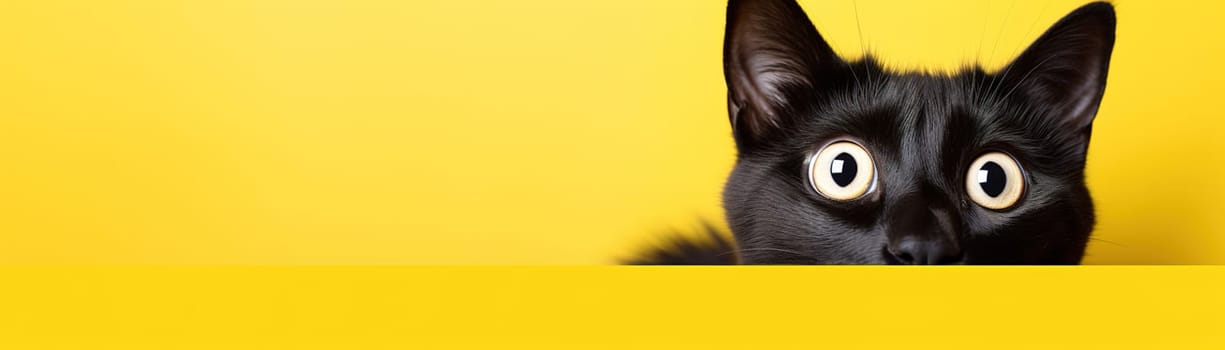 Captivating black cat against bold yellow background, perfect for eye-catching advertisements, special promotions, or creative projects. Copy space for text. Panoramic banner. Generative AI