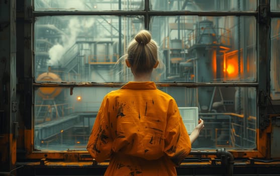 a woman in an orange robe is looking out of a window at a factory . High quality