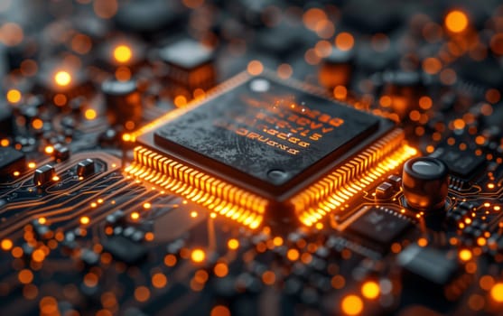 A closeup photo of a computer chip on a motherboard showcasing the fusion of technology and electronic engineering in an urban design setting