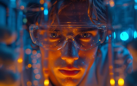 A close up of a man with bold electric blue eyelashes wearing safety glasses in a dark room, creating a fun and fictional character in a space of darkness