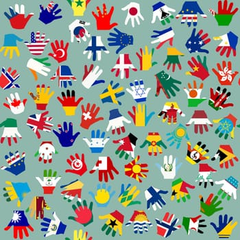 Seamless pattern with kids hands with a print of various flags of the world