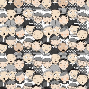 Monochrome hand drawn seamless pattern with cute various faces of children