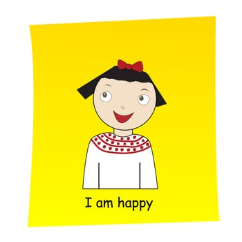I am happy concept. Cartoon hand drawn girl with happy expression