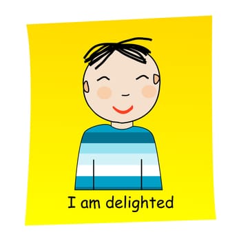 I am delighted concept. Cartoon hand drawn boy with delighted  expression