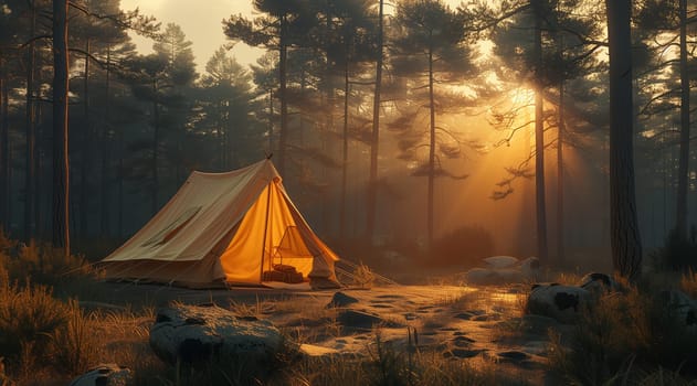 A triangular tent blends with the natural landscape of the forest at sunset, surrounded by tall trees, casting tints and shades under the heat of the evening sun