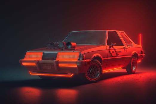 80s styled abstract retro car. Vintage automotive design in neon lights. Generated AI