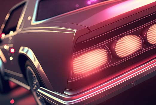Retro car closeup view. 80s styled automobile in neon lights. Generated AI