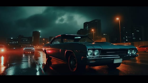 Vintage muscle car parked on the street at night. 80s styled synthwave retro scene with powerful drive in evening. Generated AI